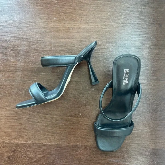 Michael Kors Black Leather Square-Toe Heeled Slide Sandals Size 6M - Picture 1 of 4
